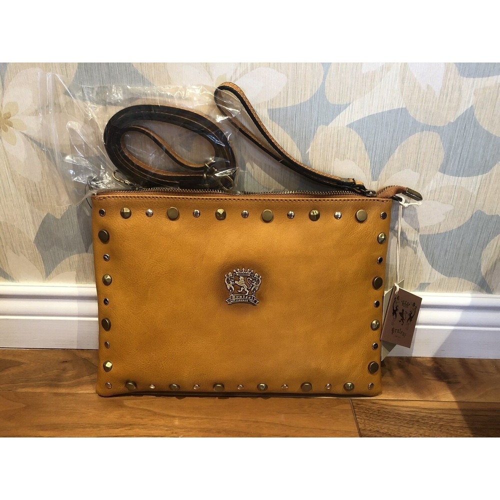 Pratesi Firenze Clutch Crossbody Italian Leather Wristlet Cognac Studded New